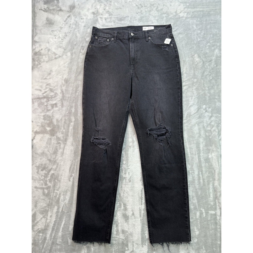 New Gap Womens Sz 32/14T Black Jean Cheeky Straight High Rise Western Distressed
